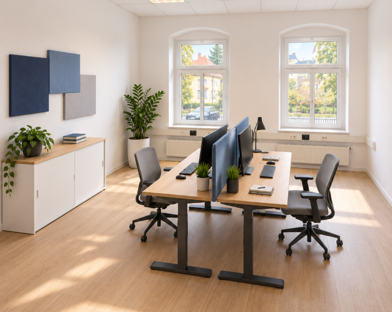 Visualisierung möbliertes Einzelbüro mit zwei Plätzen Visualisierung möbliertes Einzelbüro mit zwei Arbeitsplätzen